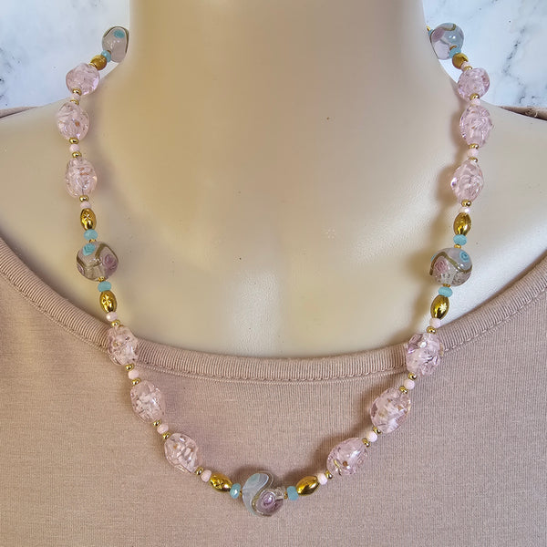 Pink Glass Nugget and Lampwork Necklace
