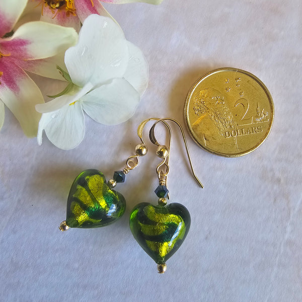 Green and Navy Blue Murano Glass Heart Earrings