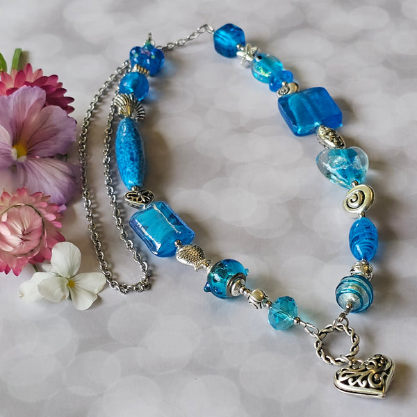 Long Aqua Blue beaded necklace