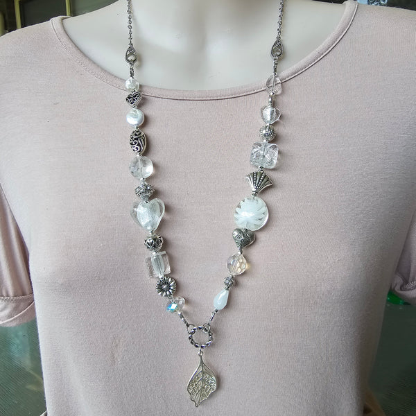 Long white beaded necklace