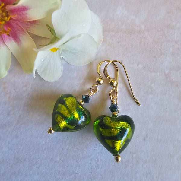 Green and Navy Blue Murano Glass Heart Earrings