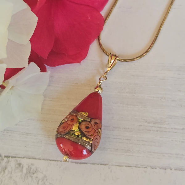 Red Bed of Roses Teardrop Pendant