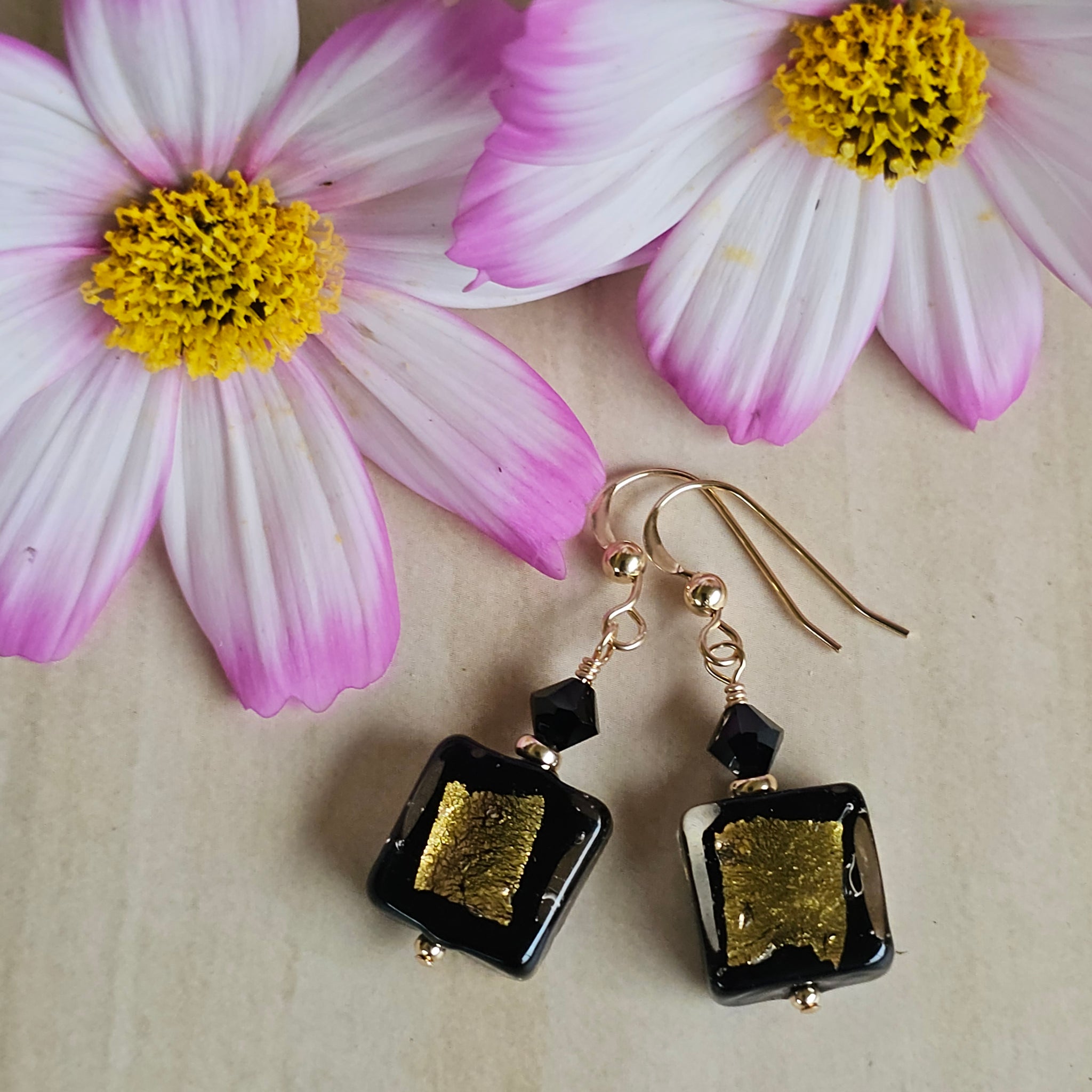 Black Square Murano Glass Earrings