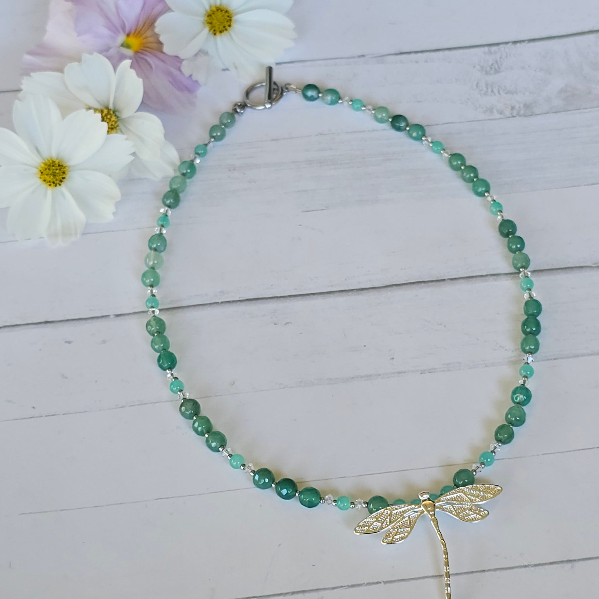 Green Aventurine and Crystal Dragonfly Necklace