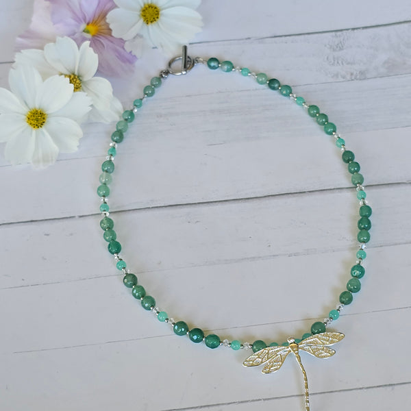 Green Aventurine and Crystal Dragonfly Necklace