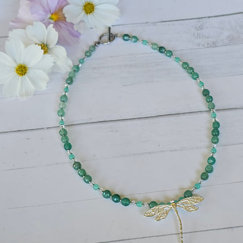 Green Aventurine and Crystal Dragonfly Necklace