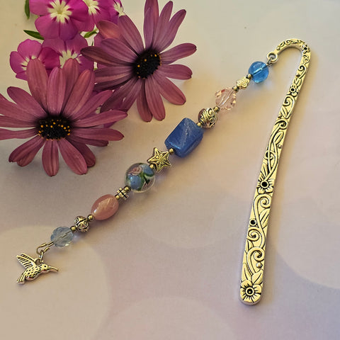 Bookmark Blue and Pink with Hummingbird