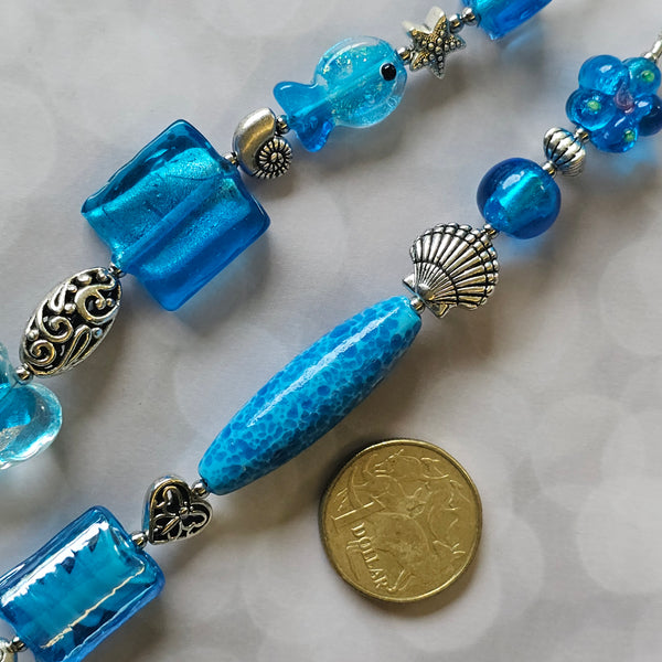 Long Aqua Blue beaded necklace