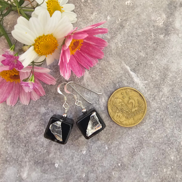 Black Murano Glass Cube Earring