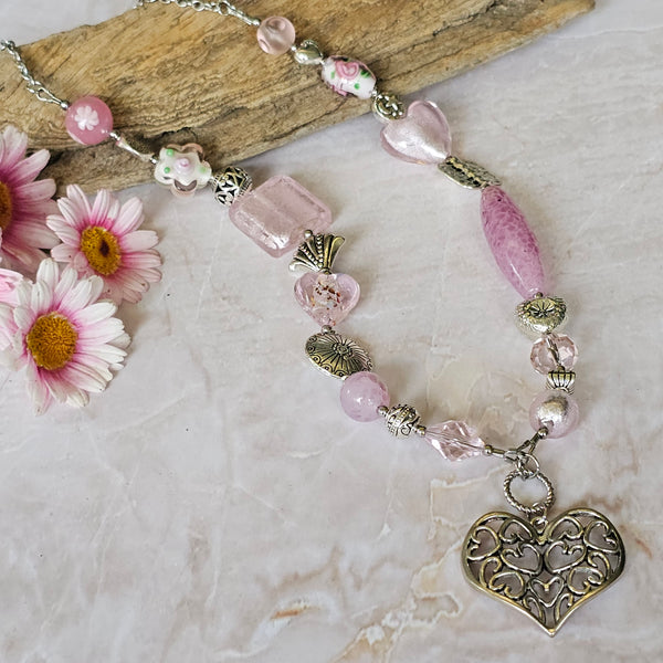 Long pink beaded necklace