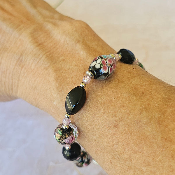 Black and Pink Glass Bracelet - 21cm