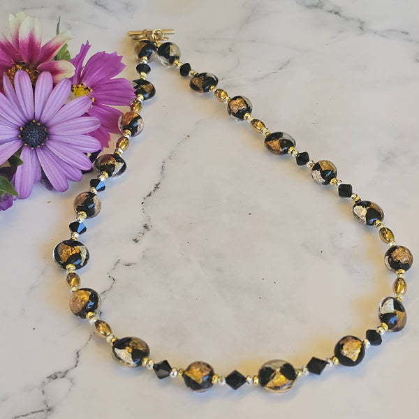 Black, Silver and Gold Glass Necklace - Short