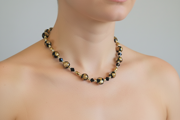 Black, Silver and Gold Glass Necklace - Short