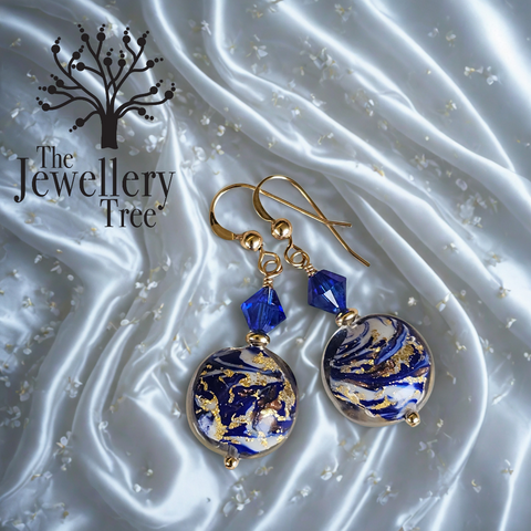 Blue Marbled Murano Glass Disc Earrings