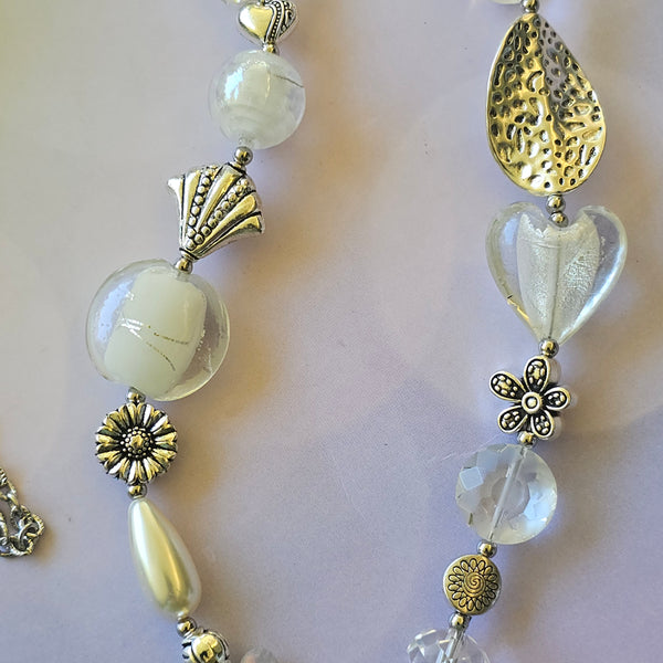 Long white beaded necklace