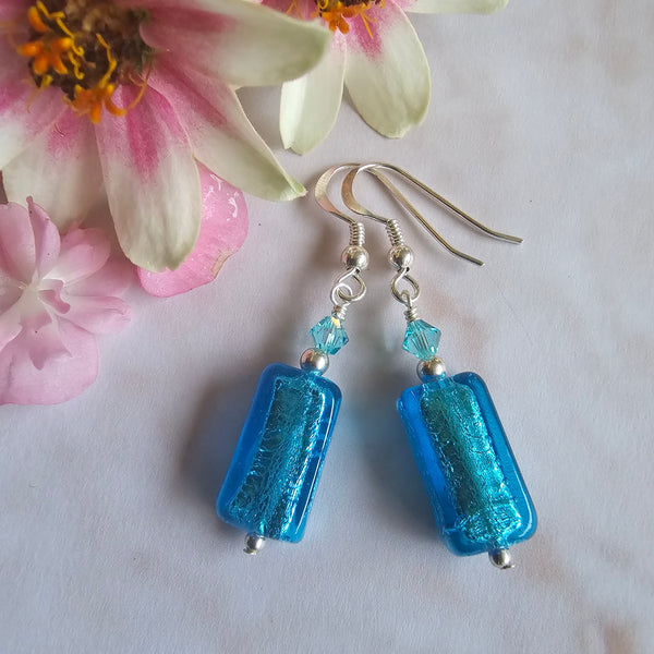Aqua Blue Silver Foil Rectangle Earrings