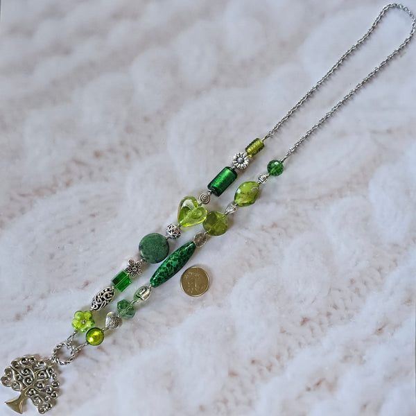 Long green beaded necklace