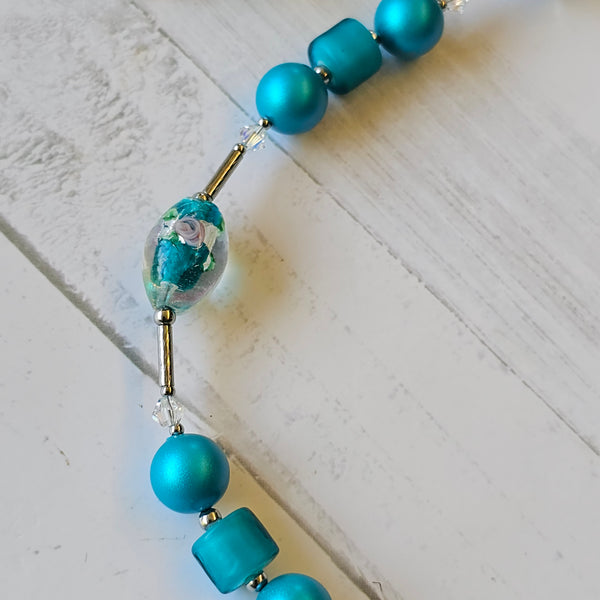 Turquoise Lampwork and Pearl Necklace