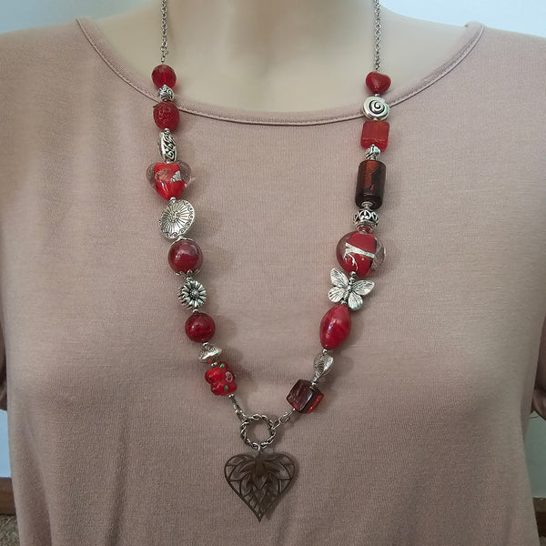 Long red beaded necklace