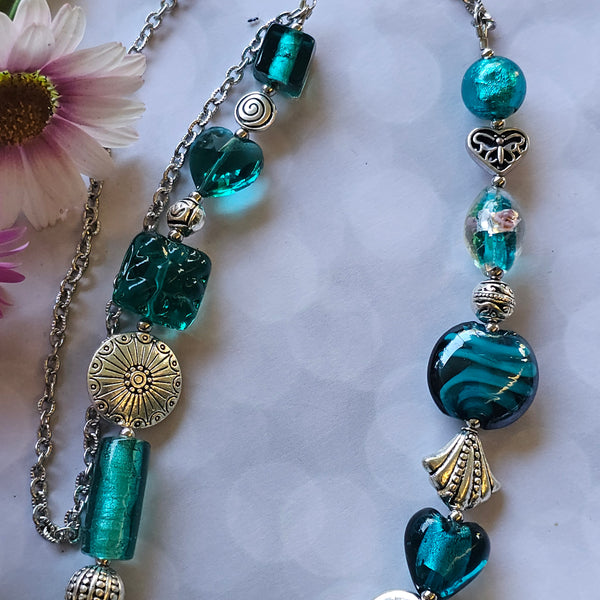 Long Teal Green Beaded Necklace