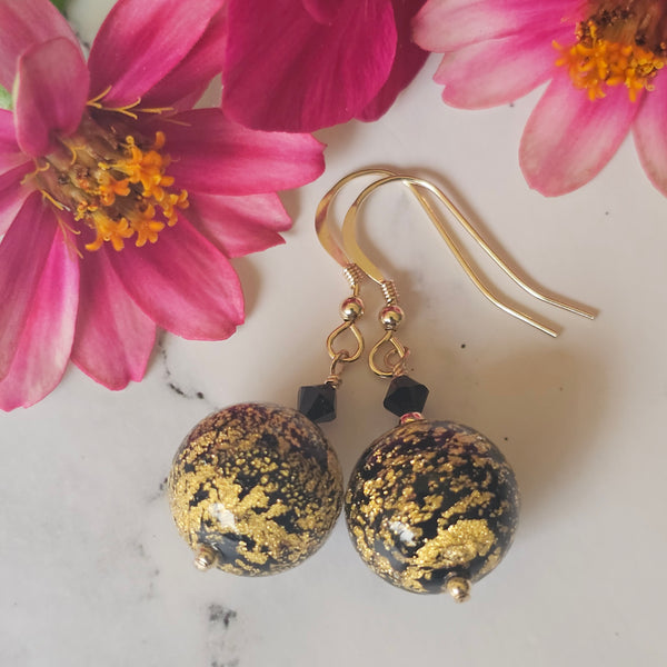 Black and Gold Murano Glass Earrings