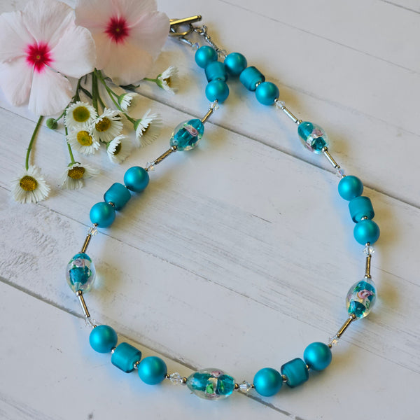 Turquoise Lampwork and Pearl Necklace