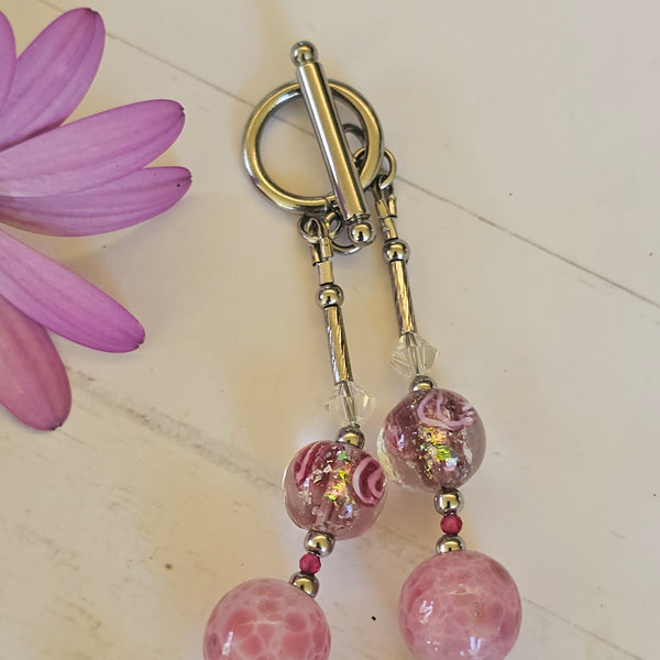 Pink Speckled Glass and Crystal Necklace