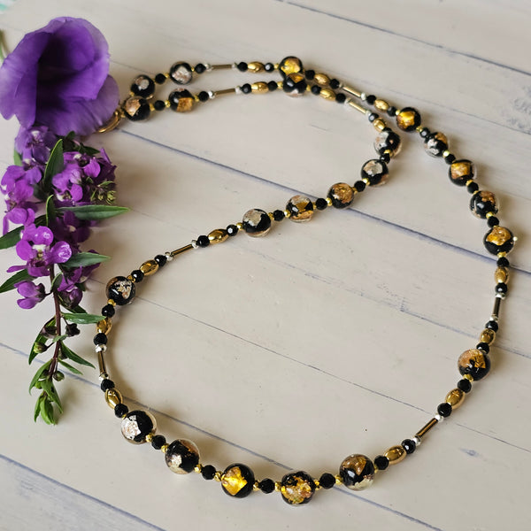 Black, Silver, Gold Glass Beaded Necklace