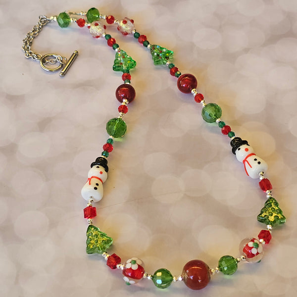 Christmas Necklace with Snowmen - Silver