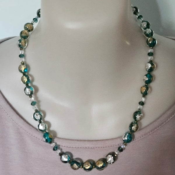 Teal Gold and Silver Glass Necklace