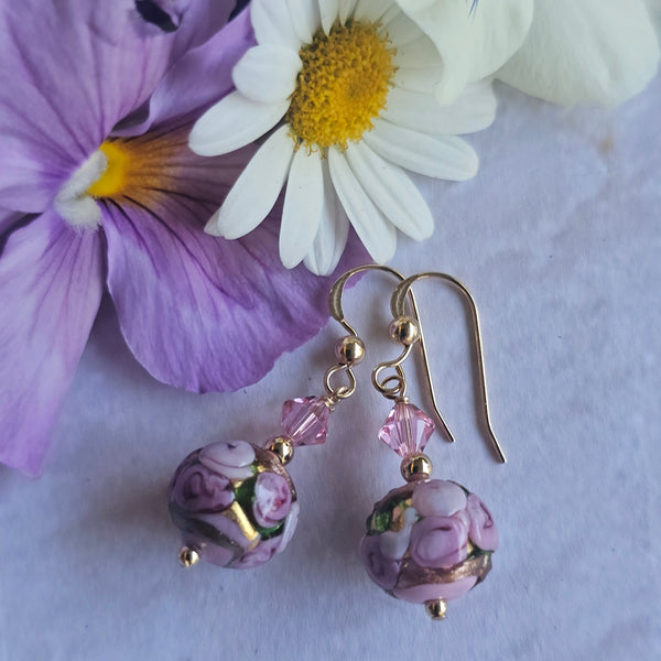 Pink Bed of Roses Murano Glass Earrings