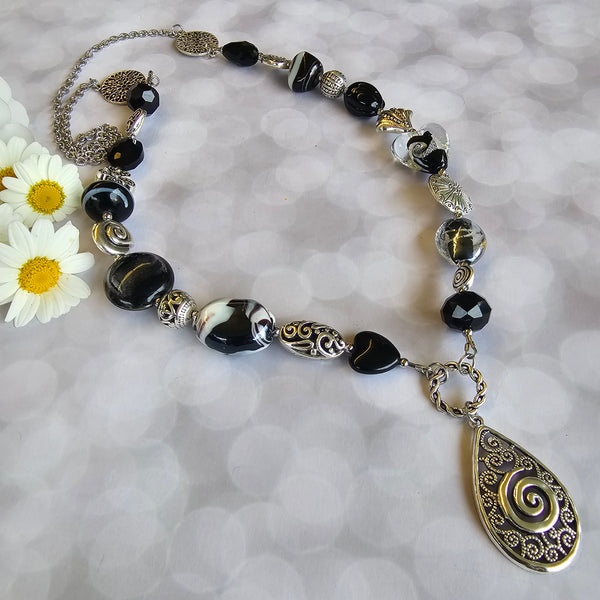 Long Black Necklace with Teardrop