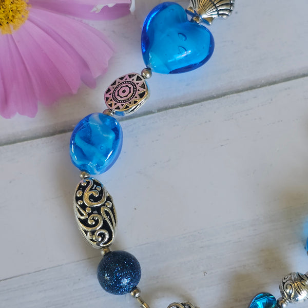 Long Aqua Blue beaded necklace