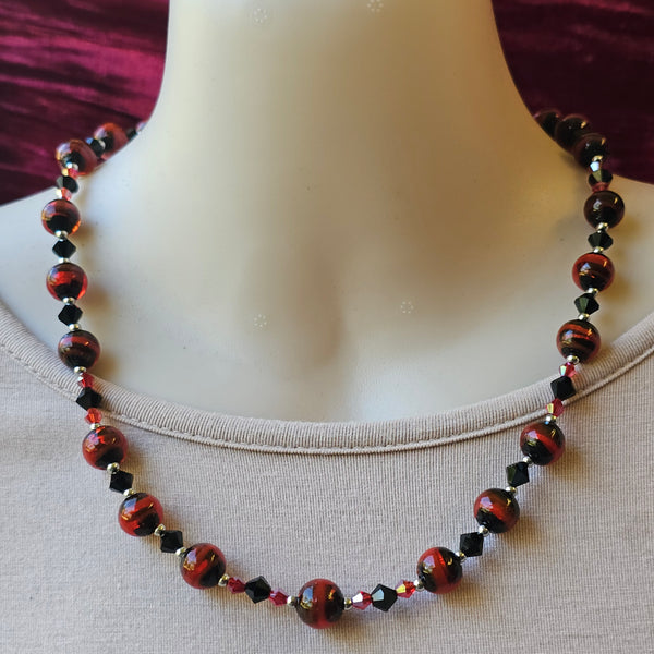 Red and Black Glass and Crystal Necklace