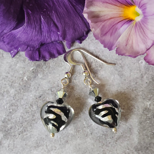 Silver and Black Swirl Murano glass Hearts