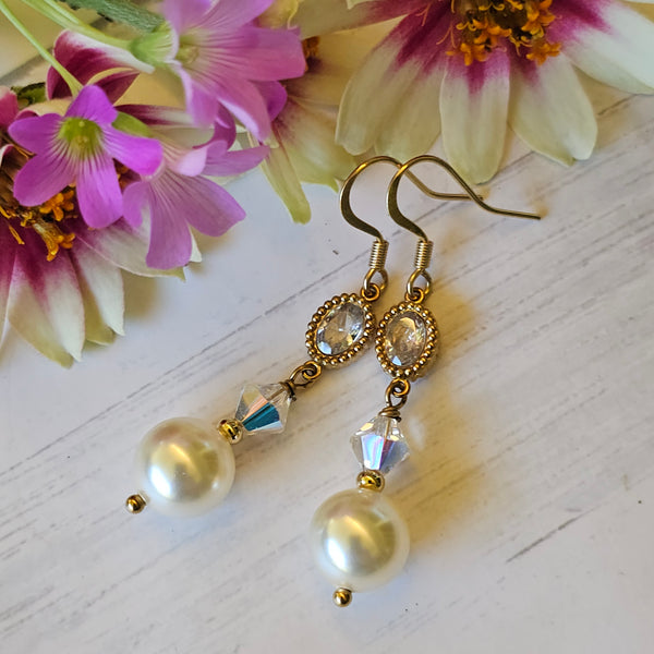 Crystal Pearl Dangle Earrings in Gold