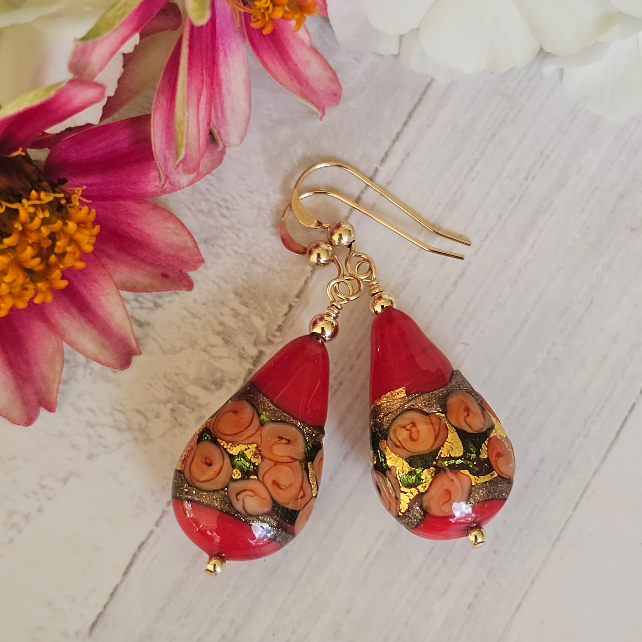 Red Bed of Roses Teardrop Earrings