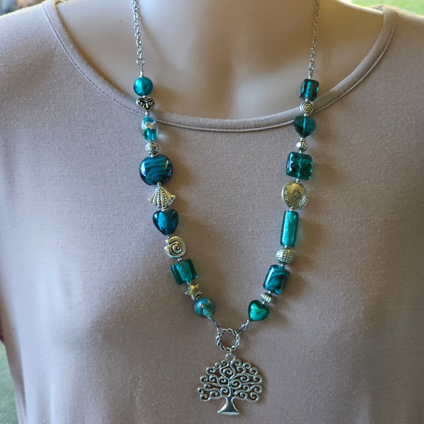 Long Teal Green Beaded Necklace