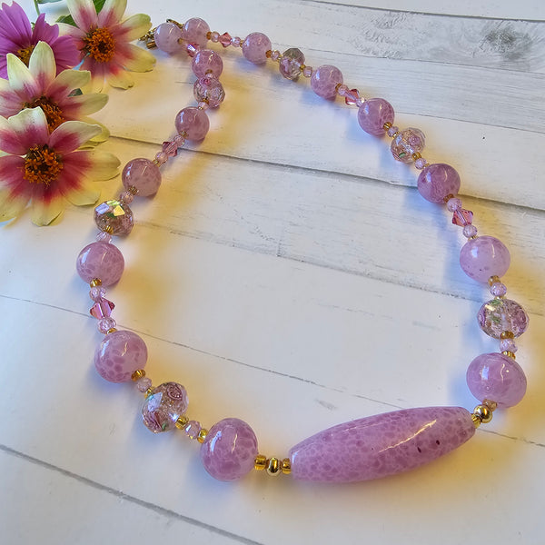 Pink Speckled Glass and Crystal Necklace
