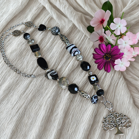 Long black beaded necklace
