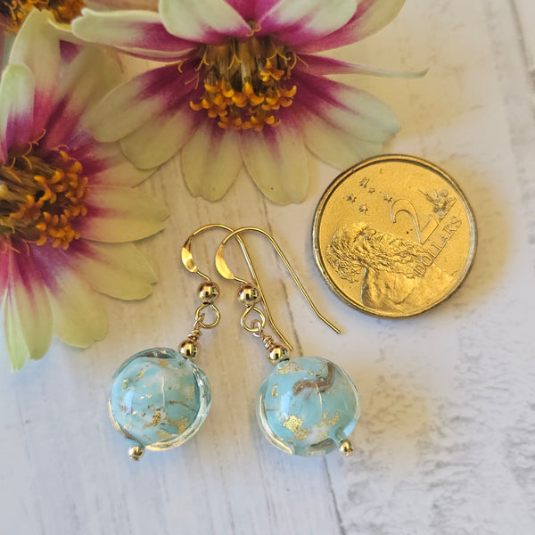 Pale Aqua Marbled Murano Glass Disc Earrings