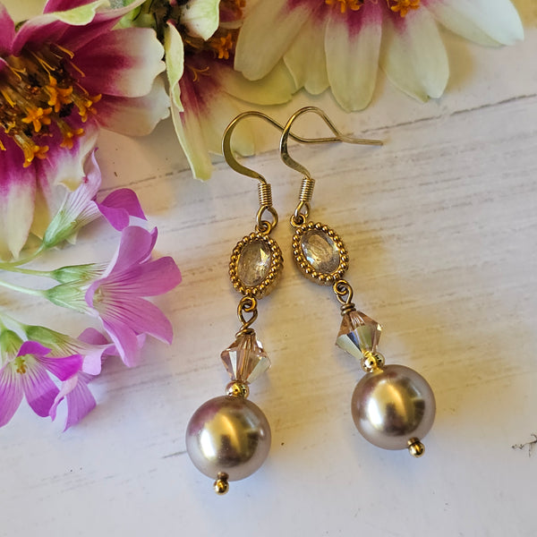 Crystal Pearl Dangle Earrings in Gold