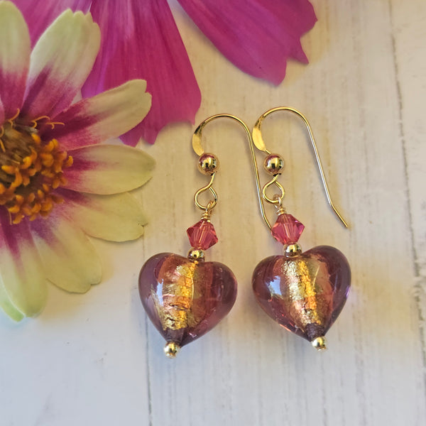 Pink Swirl Gold Foil Murano Glass Heart Earrings