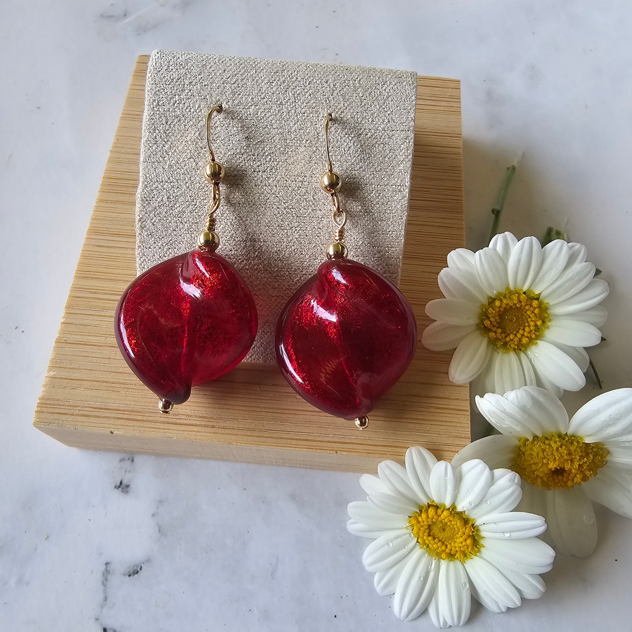 Ruby Red Murano Glass Twist Earrings