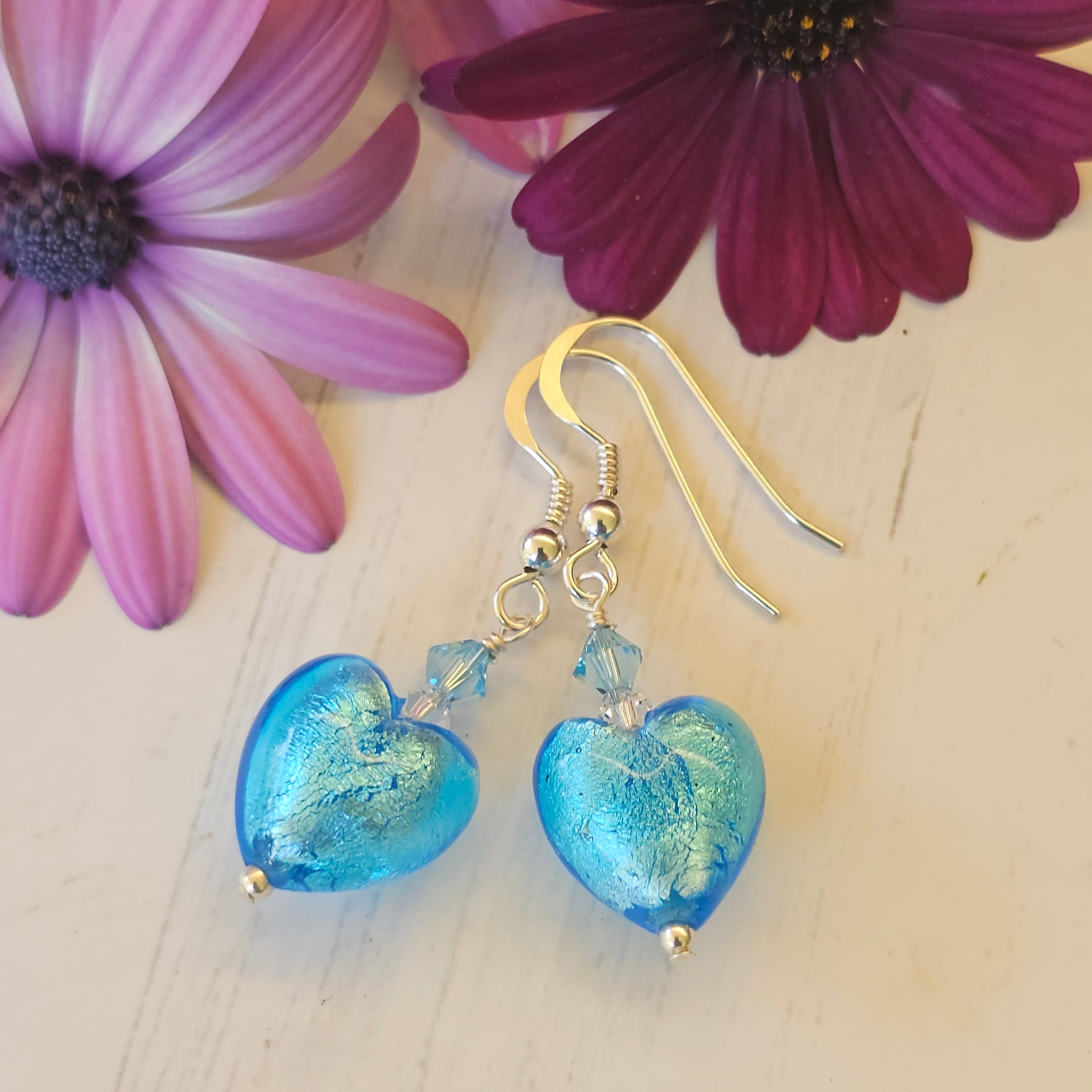 Aqua Silver Foil Glass Heart Earrings