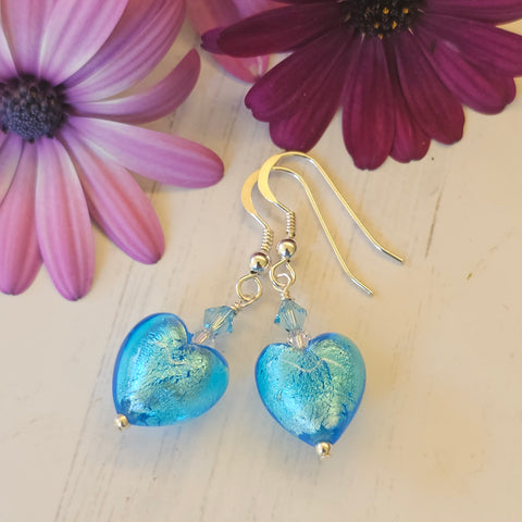 Aqua Silver Foil Glass Heart Earrings