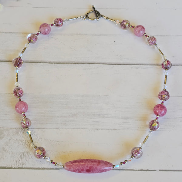 Pink Speckled Glass and Crystal Necklace