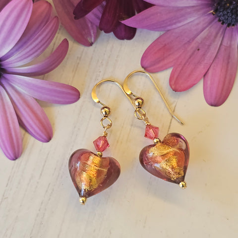 Pink Swirl Gold Foil Murano Glass Heart Earrings