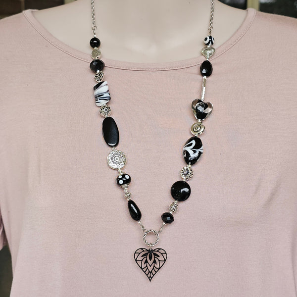 Long Black Necklace with Heart