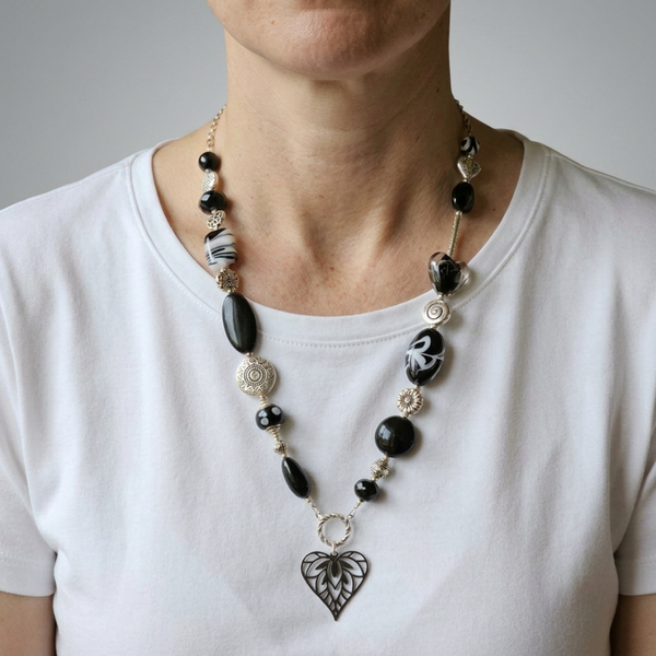 Long Black Necklace with Heart